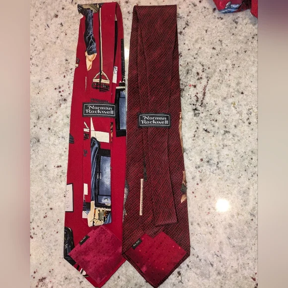 Norman Rockwell Set Of 2 Red Neckties with Classic Illustrations 100% Silk - Picture 2 of 7